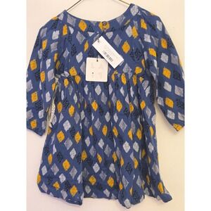 Lali Kids Blue Diamond Side Tie Dress 4T Ikat Print Long Sleeve NWT